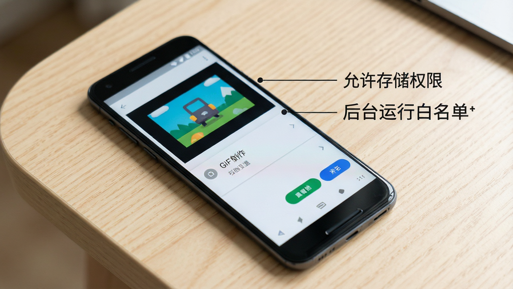 一部安卓手机放在桌面上,屏幕显示动图GIF制作器的权限设置页面,旁边有文字标注“允许存储权限”和“后台运行白名单”,背景为浅色木纹桌面,风格写实,画质清晰,干净无杂物