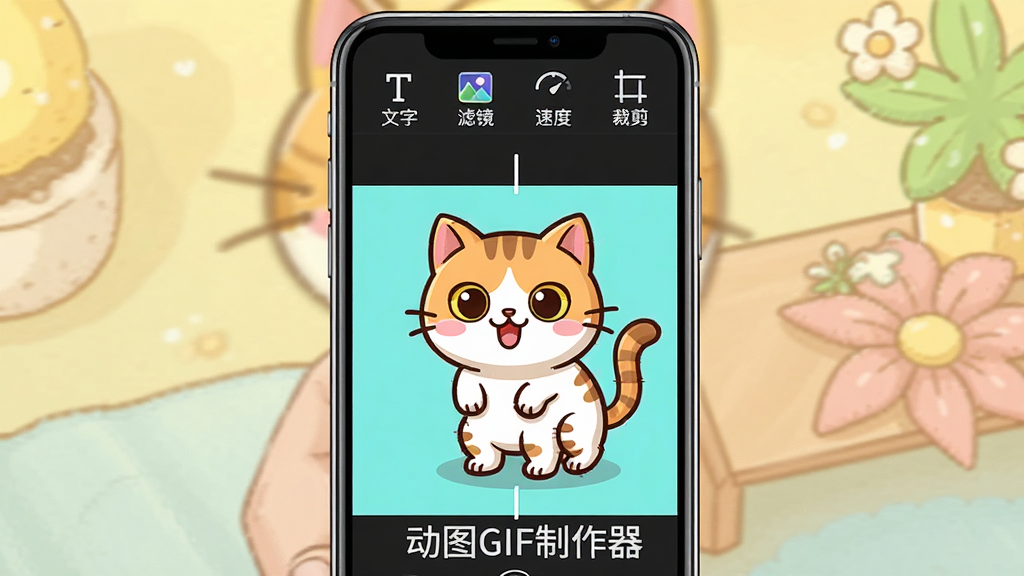 手机屏幕展示动图编辑界面,画面中有一只卡通猫的动图,上方工具栏显示“文字”“滤镜”“速度”“裁剪”图标,底部有“动图GIF制作器”水印,风格活泼,色彩明亮,画质清晰,布局合理