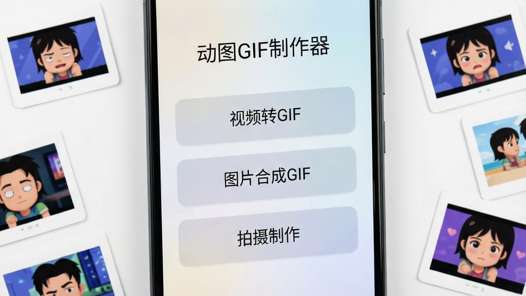 一张安卓手机屏幕特写,屏幕中央显示“动图GIF制作器”应用主界面,界面干净整洁,有“视频转GIF”“图片合成GIF”“拍摄制作”三个大按钮,背景为浅色渐变,手机周围散落着几张小巧的GIF动图缩略图,风格清新现代,画质清晰,无多余元素