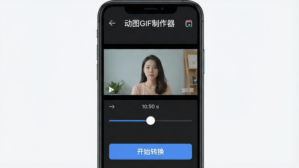 手机屏幕展示视频时间轴剪辑界面,界面顶部显示“动图GIF制作器”字样,中间是视频帧画面和时间选择滑块,底部有“开始转换”按钮,画面简洁,突出操作便捷性,风格扁平化,画质清晰,干净无杂物