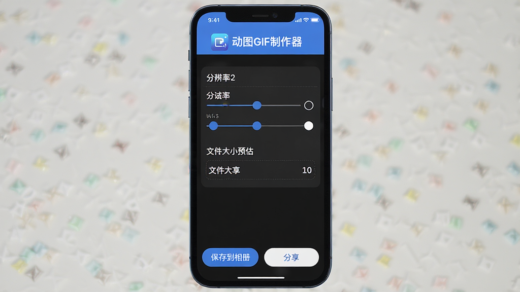手机屏幕显示导出设置面板,有分辨率选项和文件大小预估,底部有“保存到相册”和“分享”按钮,顶部“动图GIF制作器”标志明显,界面简洁,配色清爽,画质干净,无多余元素
