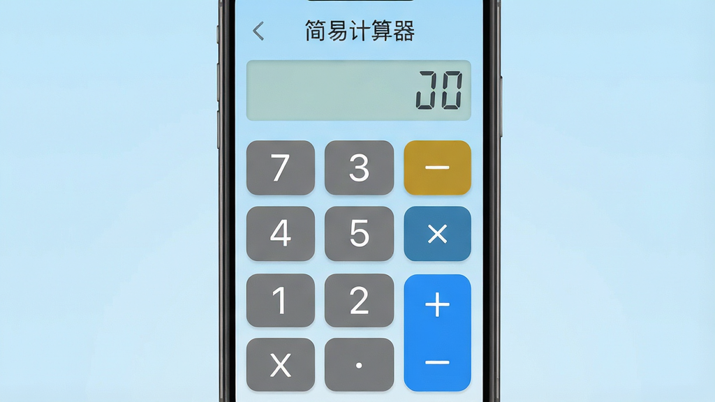 一张干净的手机应用界面展示图,画面中央是“简易计算器”的软件主界面,按键排列整齐,数字和运算符号清晰可见,背景为淡蓝色渐变,整体风格简洁清爽,排版居中,采用扁平化设计风格,细节上突出大按键和高对比度数字,画质清晰,干净,无多余元素