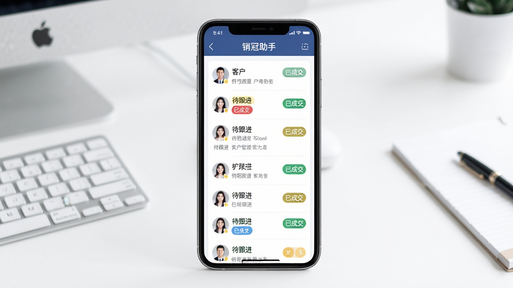 销冠助手客户跟进管理页面,手机屏幕显示客户列表与跟进状态标签,包含“待跟进”“已成交”等彩色标签,背景为简洁的白色办公桌面,布局采用手机正面居中展示,风格为现代商务UI风格,细节上界面图标精致,文字清晰可读,屏幕顶部显示“销冠助手”字样,画质高清,干净整洁
