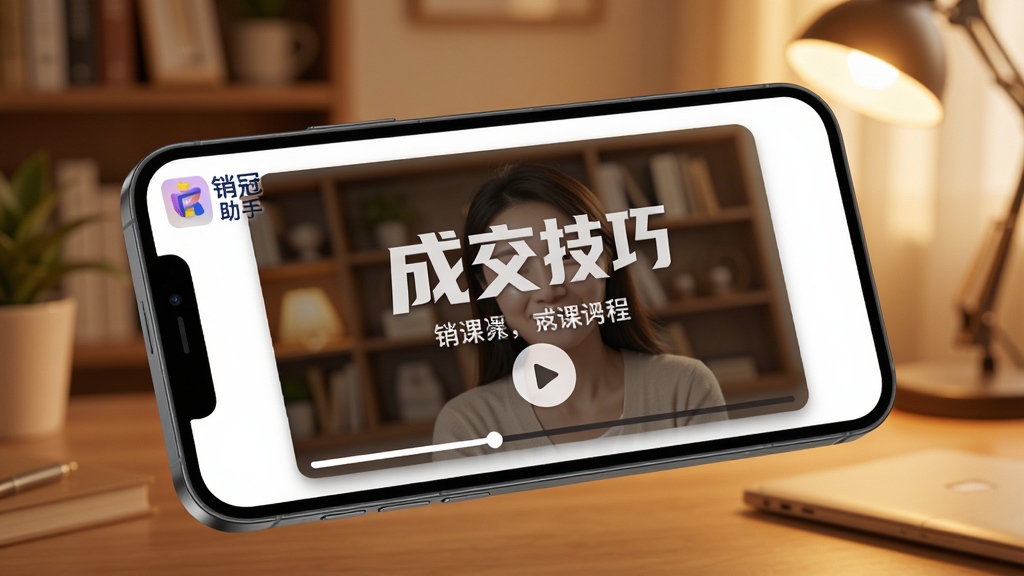 销冠助手销售培训课程界面,手机屏幕显示视频课程封面与播放按钮,课程标题包含“成交技巧”等字样,背景为暖色调书房环境,布局采用手机侧面倾斜展示,风格为温馨学习场景渲染,细节上屏幕画面清晰,有播放进度条,画面中可见“销冠助手”应用标识,画质高清,无多余元素