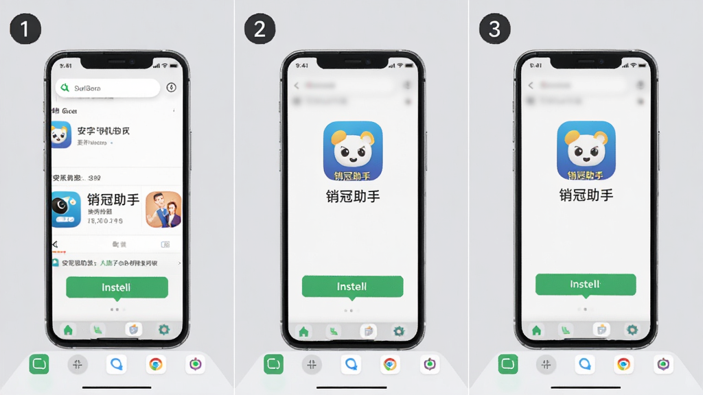 销冠助手安卓手机安装步骤示意图,画面展示一部手机从应用商店搜索到安装完成的三个连续界面,屏幕中显示“销冠助手”图标与安装按钮,背景为浅灰色简洁桌面,布局采用横向三屏并列展示,风格为步骤教程图解风格,细节上每个步骤有数字序号标注,画质高清,干净无杂乱元素