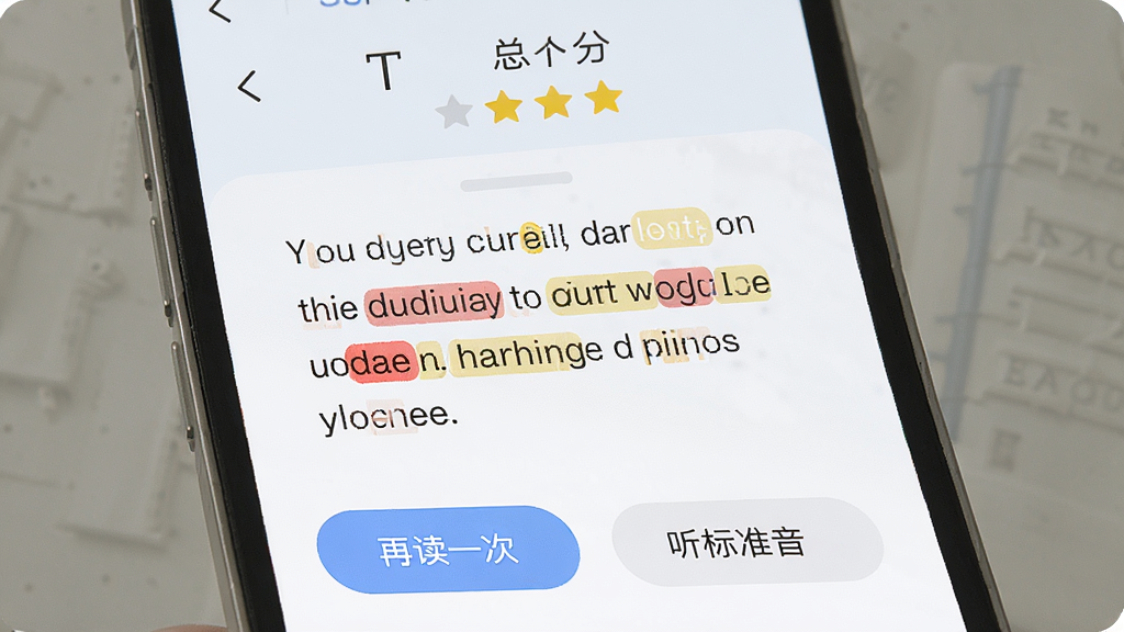 跟我读英语智能语音评分界面,手机屏幕显示一段英语课文跟读结果,屏幕上方显示总分与星级,中间句子中个别单词用红色和黄色标注发音问题,下方有