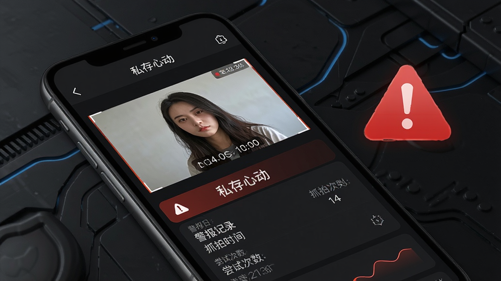 一张展示私存心动入侵抓拍功能的手机界面图,画面中手机屏幕显示一张抓拍照片和警报日志列表,照片带有时间水印,背景为深色安全主题,界面包含