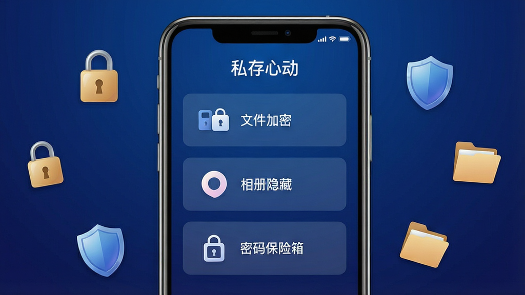 一张展示私存心动软件界面的手机模拟图,画面中央是一部竖屏智能手机,屏幕内显示私存心动APP的主界面,界面包含文件加密、相册隐藏、密码保险箱三个主要功能入口,背景为深蓝色渐变,界面风格简洁现代,手机周围散落着锁头、盾牌、文件夹等安全元素图标,整体布局居中对称,风格科技感与安全感并存,细节上手机边框有轻微反光,界面文字清晰可见