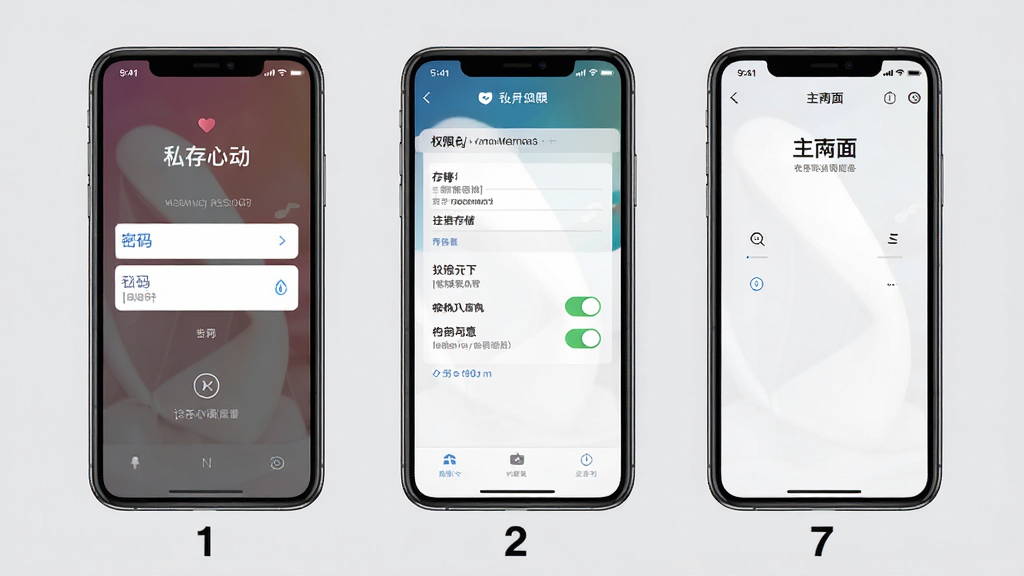 一张展示私存心动新手设置流程的手机截图合集图,画面由三部手机并排组成,从左到右分别显示设置密码界面、权限开启界面、主界面,每部手机屏幕下方有对应步骤编号,背景为浅灰色,整体布局横向排列,风格简洁教程风,细节上密码界面有