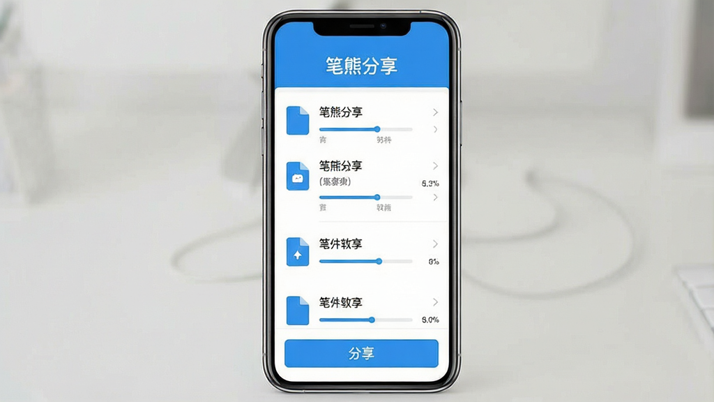 一张展示笔熊分享软件主界面的预览图,画面中央为手机屏幕,屏幕内显示笔熊分享应用界面,界面顶部有“笔熊分享”文字标识,中部为文件列表区域,底部为分享按钮,整体布局简洁清晰,采用扁平化设计风格,配色以蓝白为主,细节上体现文件图标与传输进度条,画质清晰,干净,无多余元素