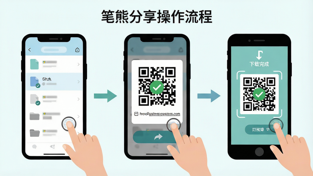 一张展示笔熊分享操作流程的示意图,画面分为三个步骤,第一步为手机屏幕显示文件列表并勾选文件,第二步为点击分享按钮后弹出二维码与链接,第三步为另一台设备扫描二维码后显示下载完成,布局采用横向流程图形式,风格为清新浅色扁平化,细节包括手指点击图标、二维码图案、对勾完成标志,画质清晰,干净,无多余元素