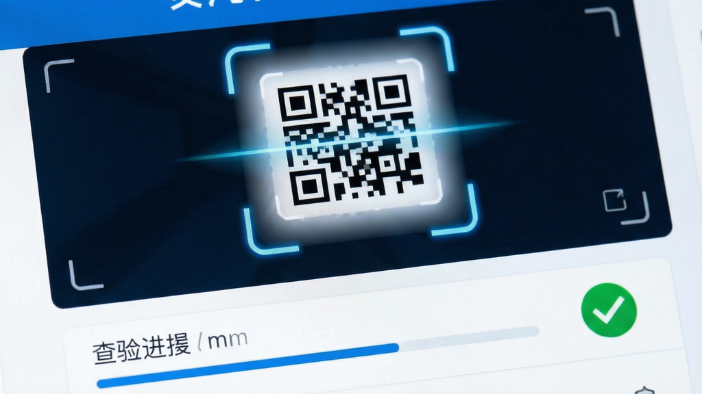 主体为发票查验软件界面特写,布局为上下结构,上方为发票二维码扫描区域,下方为查验结果展示区,排版清晰,风格为商务蓝白配色,细节包括扫描框对焦动画、查验进度条和绿色通过标识,画质高清,画面干净,无多余元素