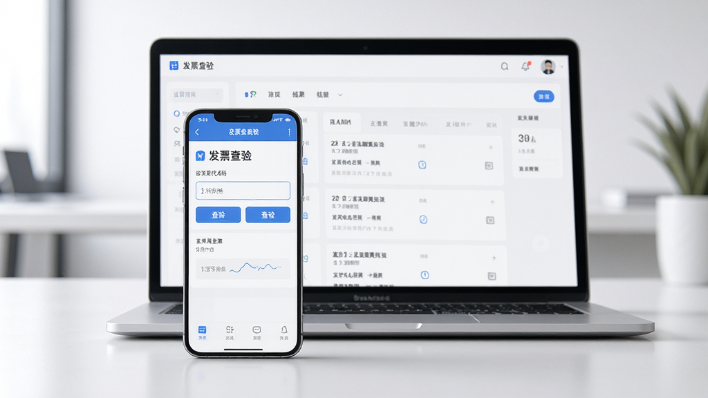 主体为一部智能手机和一台笔记本电脑并排摆放,屏幕上显示发票查验应用的操作界面,布局为居中构图,手机在前电脑在后,排版整齐,风格为现代简约科技风,细节包括界面中展示发票代码输入框、查验按钮和结果列表,画质高清,画面干净,无多余元素