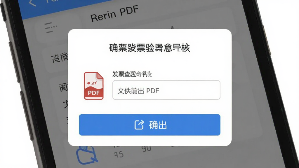 主体为手机屏幕显示发票查验结果导出PDF的确认弹窗,布局为居中弹窗样式,排版简洁,风格为扁平化设计,细节包括PDF文件图标、文件名输入框和确认导出按钮,画质高清,画面干净,无多余元素