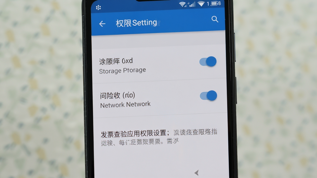 主体为手机屏幕显示发票查验应用权限设置页面,布局为垂直列表,排版清晰,风格为原生安卓设置界面风格,细节包括存储权限开关、网络权限开关和灰色提示文字,画质高清,画面干净,无多余元素