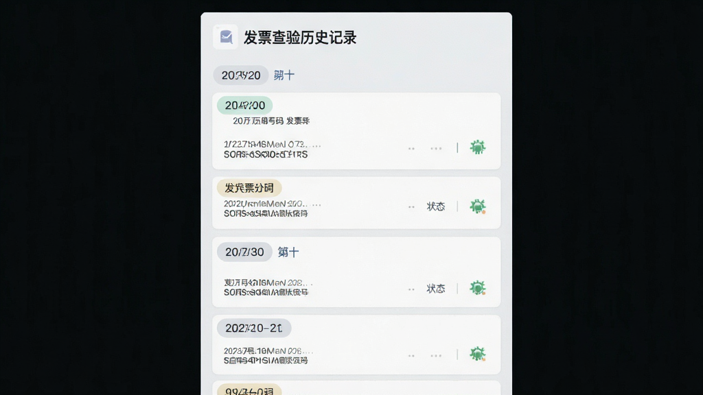 主体为发票查验历史记录列表界面,布局为垂直列表,排版整齐,风格为浅色卡片式设计,细节包括日期分组标签、发票号码缩略显示和状态图标,画质高清,画面干净,无多余元素