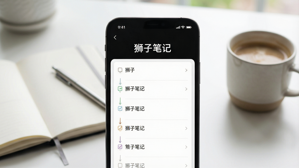 一张展示狮子笔记应用主界面的场景图,画面中央是一部智能手机,屏幕显示“狮子笔记”四个字和简洁的笔记列表界面,背景是柔和的书桌环境,有笔记本和咖啡杯,整体风格清新干净,画质清晰,无多余元素