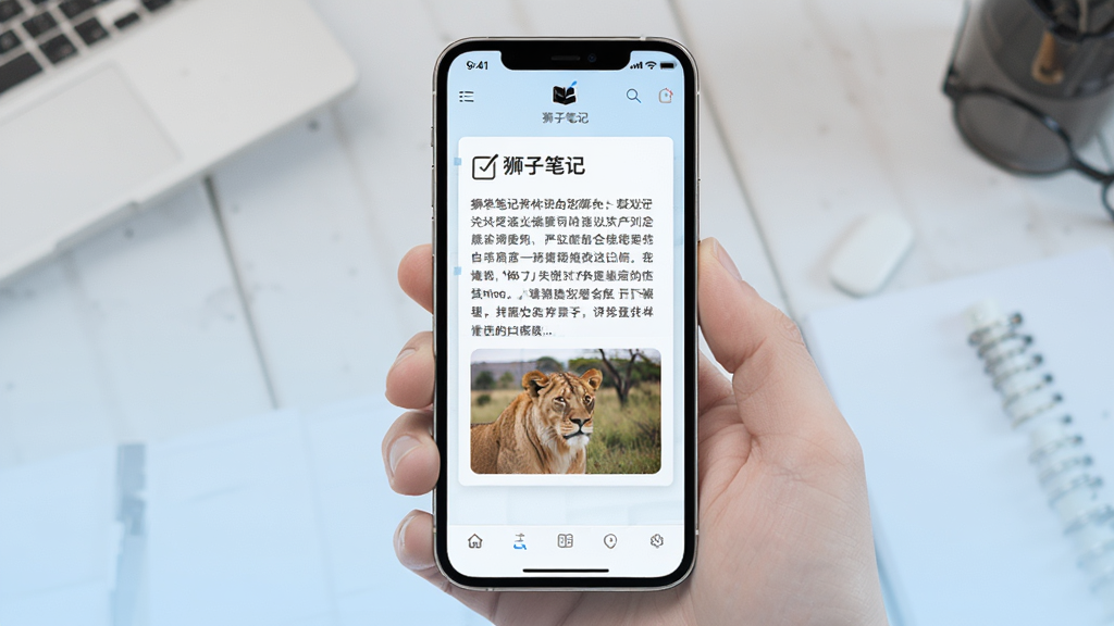 展示“狮子笔记”多媒体笔记编辑界面的图片,手机屏幕中笔记同时包含文字段落和一张插入的图片缩略图,界面布局整齐,背景为淡蓝色渐变,风格现代清爽,画质细腻,无多余装饰