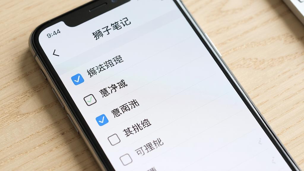 一部手机屏幕显示“狮子笔记”的待办清单界面,清单项清晰排列,有勾选框和文字内容,背景为浅色木纹桌面,光线柔和,风格简约,画质干净,无杂乱元素