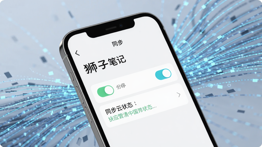 一部手机显示“狮子笔记”的云同步设置页面,界面有同步开关和状态提示文字,背景为抽象数据流线条图案,风格科技感但简洁,画质清晰,无多余元素