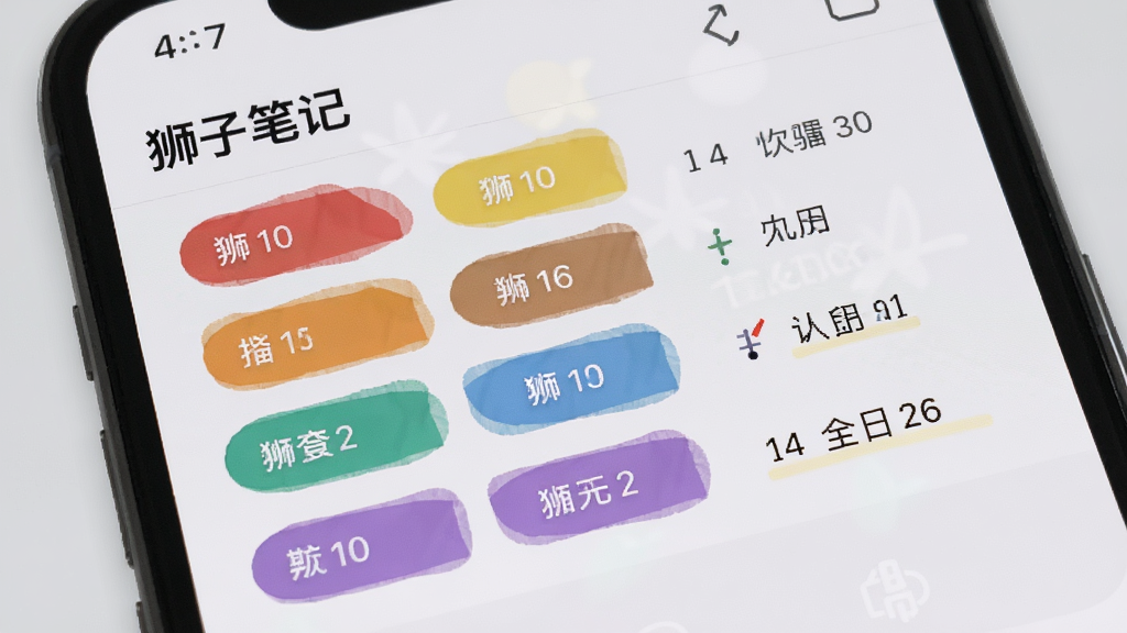 手机屏幕展示“狮子笔记”的标签管理界面,多个彩色标签整齐排列,旁边有笔记数量统计,背景为浅灰色,风格素雅,画质干净,无多余装饰