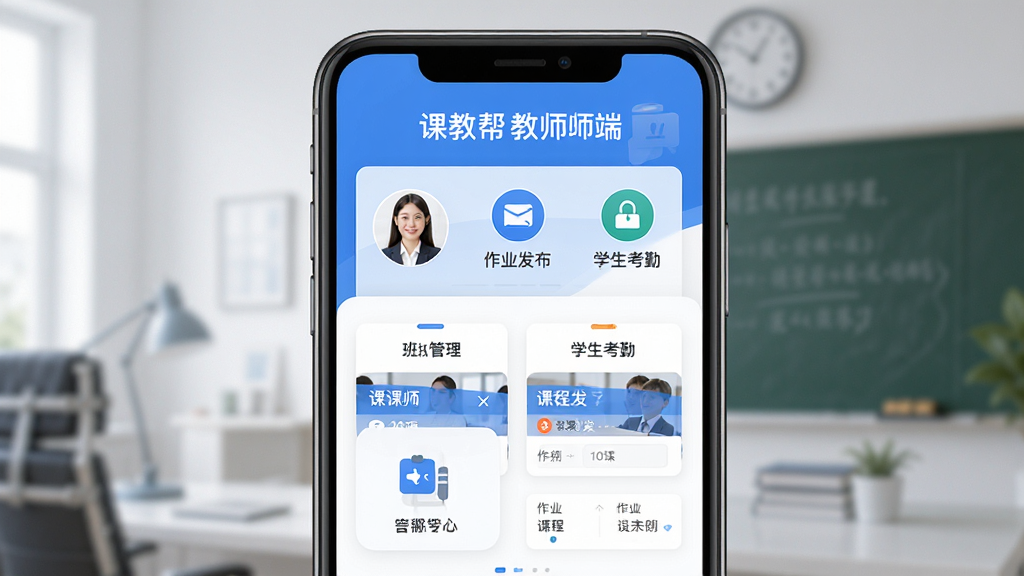 课教帮教师端是一款专为教师打造的移动教学管理工具,主体为一部智能手机屏幕展示软件主界面,界面中包含班级管理、作业发布、学生考勤等功能模块图标,布局采用上下结构上方为软件名称下方为功能展示区,排版整齐清晰,风格为现代简约商务风,细节上屏幕内显示教师头像与课程表卡片,画质高清干净无多余元素,整体色调以蓝色和白色为主