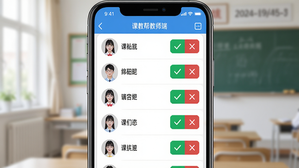 课教帮教师端考勤签到功能,主体为手机屏幕展示学生考勤列表,布局为纵向排列的学生姓名和考勤状态按钮,排版整齐规范,风格为清爽校园风,细节上每个学生名字右侧有绿色对勾和红色叉号按钮,画质高清干净无多余元素,顶部显示“课教帮教师端”和日期信息