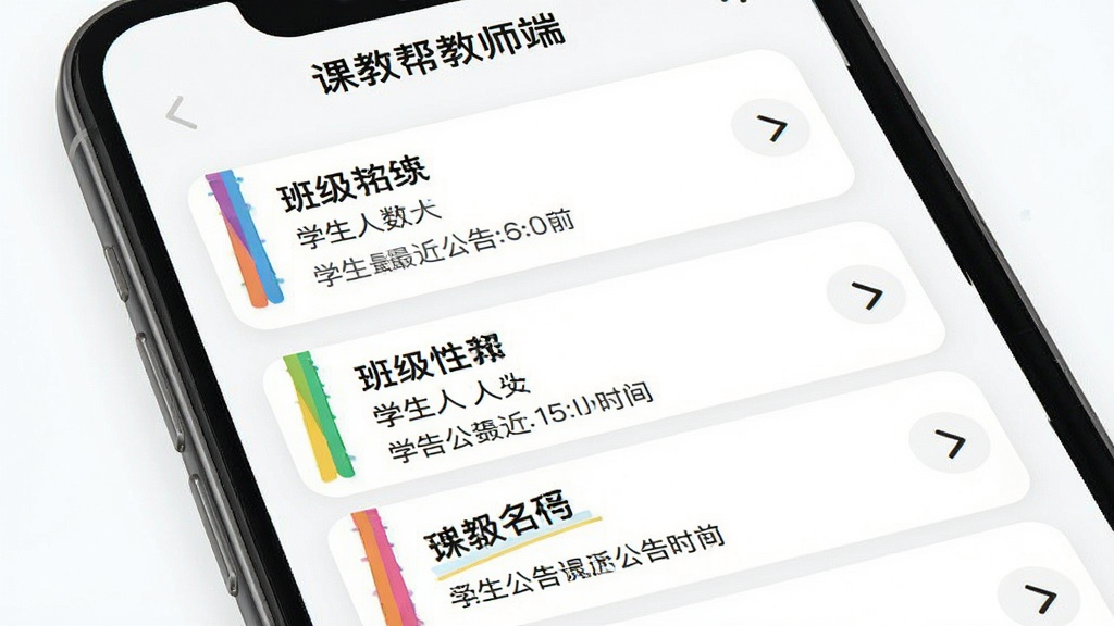 课教帮教师端班级管理功能展示,主体为手机屏幕显示班级列表页面,布局为纵向排列的班级卡片,卡片上显示班级名称学生人数和最近公告时间,排版采用卡片式设计每张卡片圆角处理,风格为清新教育风,细节上卡片左侧有彩色标识条右侧有进入箭头,画质高清干净无多余元素,屏幕顶部有“课教帮教师端”文字