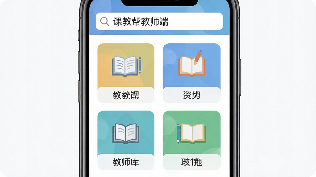 课教帮教师端教学资源库展示,主体为手机屏幕显示资源分类页面,布局为网格排列的学科图标,排版采用两列网格布局,风格为简约教育风,细节上每个图标下方有学科名称标签,画质高清干净无多余元素,顶部有搜索框显示“课教帮教师端”