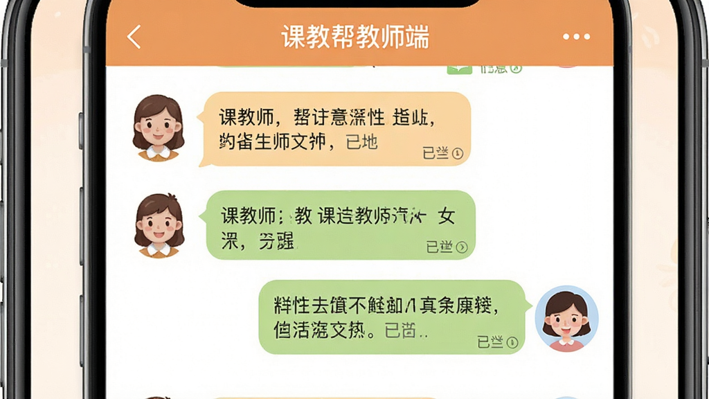 课教帮教师端家校沟通界面,主体为手机屏幕显示消息列表页面,布局为对话气泡形式左侧为教师头像右侧为家长头像,排版采用聊天式布局,风格为温馨教育风,细节上气泡内显示文字消息和已读标记,画质高清干净无多余元素,屏幕上方有“课教帮教师端”文字标识