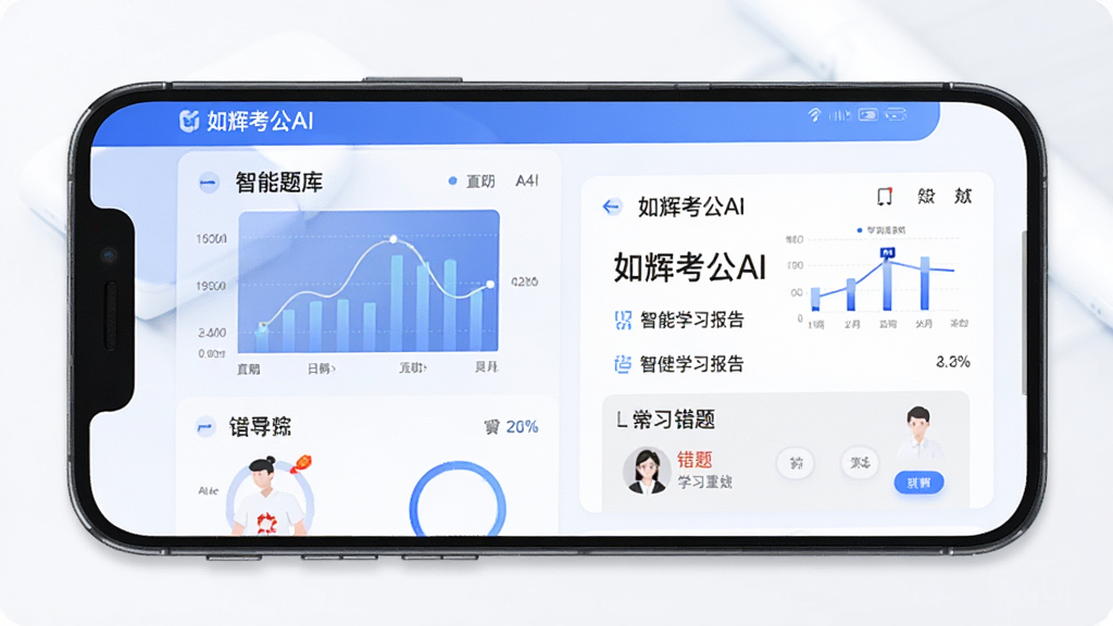 一款名为“如辉考公AI”的安卓手机应用界面展示,主体为手机屏幕中显示智能题库与学习报告,布局居中,排版清晰,风格现代简约科技感,细节包含蓝色主色调、数据图表、错题标记,画质高清,干净,无多余元素