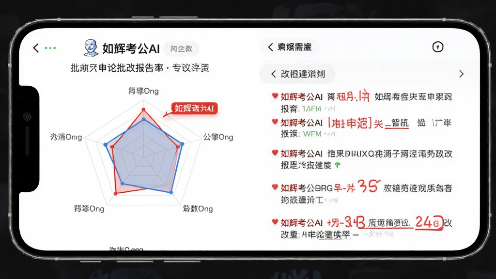 手机屏幕中展示“如辉考公AI”申论批改报告页面,主体为评分雷达图与批注列表,布局左右分栏,排版规整,风格专业稳重,细节包含红色批注、分数数字、改进建议文字,画质高清,干净,无多余元素
