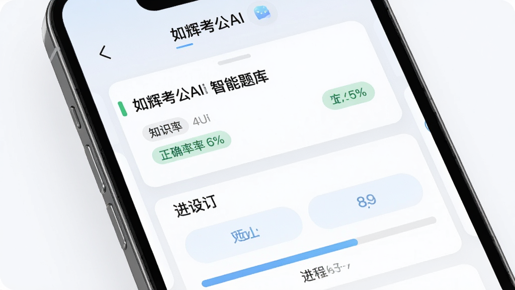 手机屏幕中展示“如辉考公AI”智能题库界面,主体为题目卡片与选项按钮,布局上下结构,排版整洁,风格清新教育风,细节包含正确率百分比、知识点标签、进度条,画质高清,干净,无多余元素