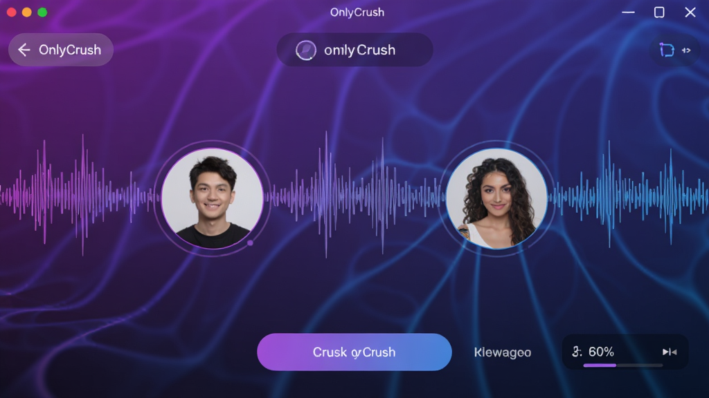 OnlyCrush软件中音乐匹配功能的界面预览图,画面中央显示两个用户头像通过声波线条连接,背景是流动的音乐频谱,紫色和蓝色渐变色调,界面元素包括匹配按钮和歌单重合度百分比,风格科技感十足,画质清晰,干净,无多余元素