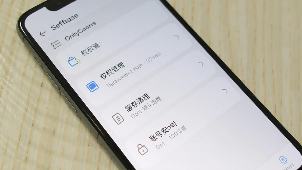 OnlyCrush软件在手机上的设置页面截图,画面展示权限管理、缓存清理和账号安全选项,手机以倾斜角度放置,背景为浅色桌面,界面元素清晰可见,风格简约,画质清晰,干净,无多余元素