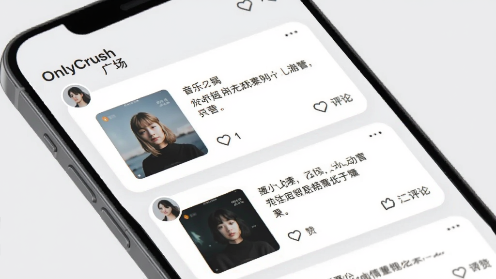 OnlyCrush动态广场页面示意图,手机屏幕内展示用户发布的音乐动态卡片,包含专辑封面、短文字和点赞评论图标,背景为浅灰色,卡片圆角设计,整体风格清新淡雅,画质清晰,干净,无多余元素