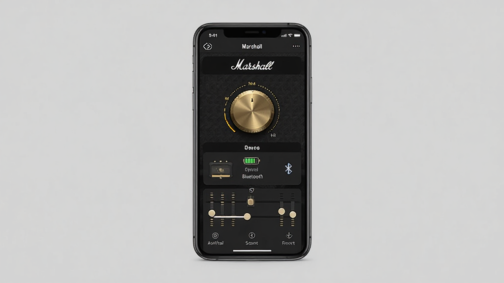 一张展示 Marshall Bluetooth 软件界面的产品预览图,主体为居中摆放的智能手机,屏幕显示马歇尔官方蓝牙音箱控制应用首页,深色背景搭配金色旋钮式音量控件与设备名称列表,布局简洁纵向排列,风格为复古摇滚工业风,细节包含音箱图标、电量指示、均衡器滑块,画质清晰干净,无多余元素