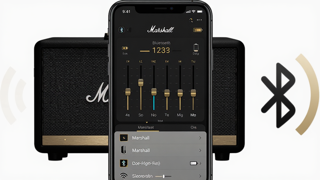 一张 Marshall Bluetooth 应用功能展示图,画面中央为手机屏幕界面,展示均衡器调节面板与设备列表,左右两侧分别放置马歇尔风格音箱剪影与蓝牙信号图标,布局对称平衡,风格为深色科技感搭配金色点缀,细节包含滑块、电池图标、设备名称文字,画质高清,干净无杂乱元素