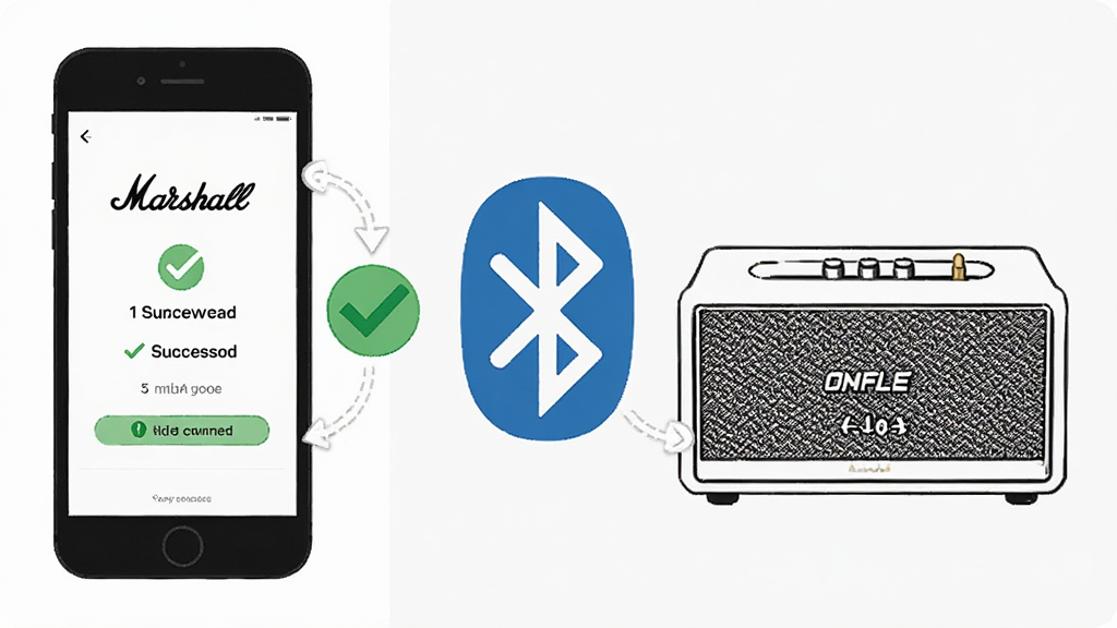 一张 Marshall Bluetooth 使用教程示意图,画面为手机屏幕显示配对成功界面,旁边配有蓝牙图标与音箱线稿,布局为左右分栏,风格为扁平化教学插画,细节包含勾选标记、步骤数字、连接成功的绿色提示,画质清晰干净,无多余装饰