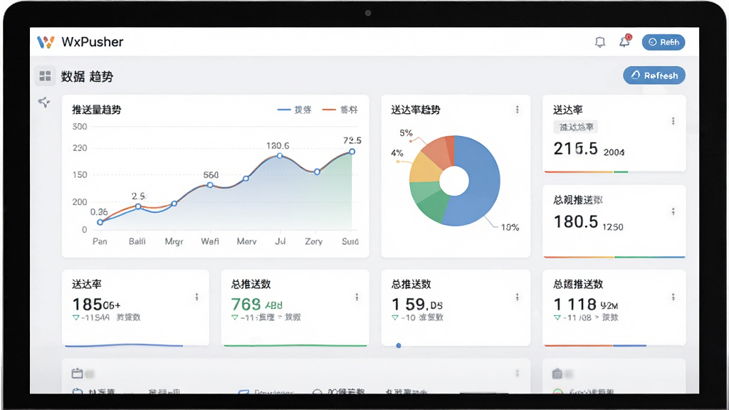 一张展示WxPusher消息推送平台Web管理后台数据统计页面的截图,画面中央是电脑屏幕,屏幕上显示仪表盘界面,包含折线图展示推送量趋势、饼图展示送达率、数字卡片展示总推送数,背景为浅色主题,布局为网格化仪表盘,风格为现代数据可视化,细节包含图表颜色、数据标签和刷新按钮,画质高清,画面干净,无多余元素