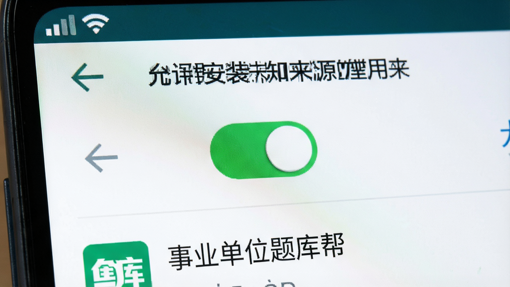 一张展示安卓手机设置界面中“允许安装未知来源应用”开关被打开的特写图,画面主体为手机屏幕局部放大,开关按钮呈绿色开启状态,布局为居中特写构图,风格为教程截图风,细节包括屏幕上方状态栏信号图标与下方“事业单位题库帮”安装提示文字,画质高清,干净,无多余元素