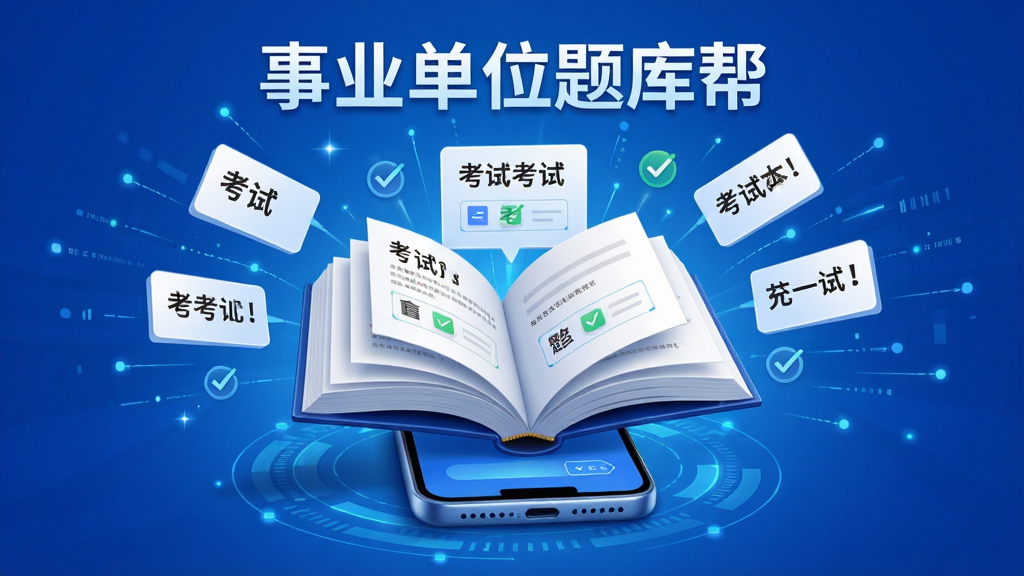 一张以“事业单位题库帮”为主题的创意海报图,画面主体是一本翻开的电子书从手机屏幕中飞出,书页上漂浮着各类考试题目卡片与对勾图标,布局采用中心放射式构图,风格为科技教育风,细节包括蓝色渐变背景与发光数据线条,画质高清,干净,无多余元素