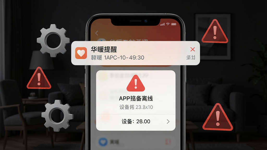 画面以“华暖”APP的故障提醒弹窗为视觉中心,背景为深色家居环境,主体是手机屏幕上的红色提醒图标与设备离线提示,布局为手机居中、周围环绕齿轮与警告符号,排版紧凑,风格为写实UI展示,细节包括通知横幅、时间戳、设备编号,画质高清,干净,无多余元素