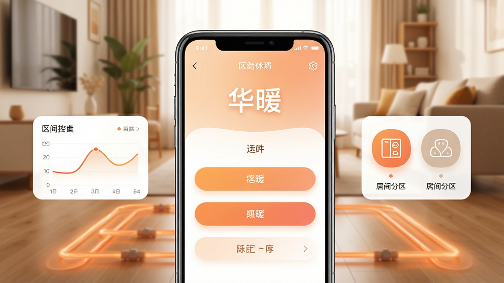 画面中央放置一部智能手机,屏幕上显示“华暖”APP的首页控制界面,背景是温暖明亮的现代客厅,地暖管道以淡橙色光线在地板下延展,整体布局为手机主体居中、左侧为温度曲线小卡片、右侧为房间分区图标,排版简洁对称,风格为写实科技风,细节包括手机边框反光、界面按钮圆角、地暖热力渐变,画质高清,干净,无多余元素