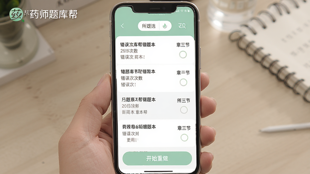 药师题库帮错题本页面,手机屏幕显示错题列表,每道题旁标注错误次数与所属章节,顶部有筛选按钮,底部有开始重做按钮,界面配色柔和,以浅绿色和白色为主,扁平化设计,画质清晰,画面中带有药师题库帮文字标识