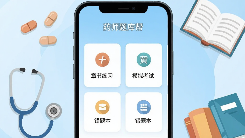 手机屏幕中显示药师题库帮应用主界面,界面中央是题库分类卡片,包含章节练习、模拟考试、错题本等图标,背景为干净的浅蓝色渐变,手机周围环绕着药丸、听诊器、书本等医药元素,扁平化插画风格,画面明亮整洁,文字内容为中文,画质清晰,无多余装饰元素