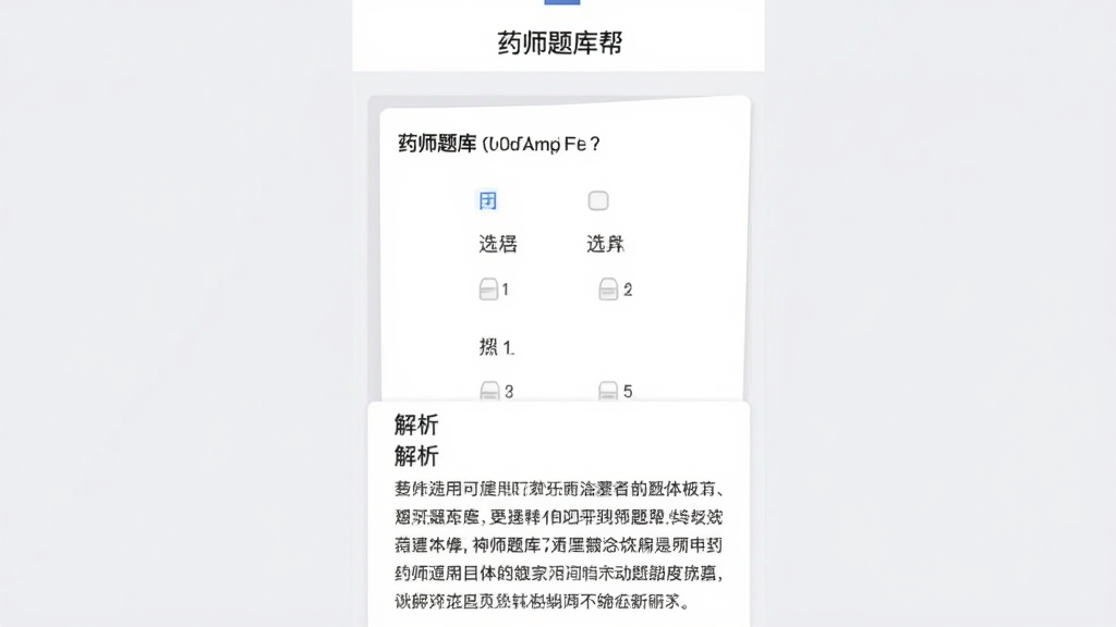 药师题库帮应用内页展示,屏幕中央为一道药师考试选择题,选项下方展开详细的文字解析区域,背景为白色卡片和浅灰底色,页面顶部有药师题库帮字样,整体布局清晰,扁平化UI设计风格,画质干净,无杂乱元素
