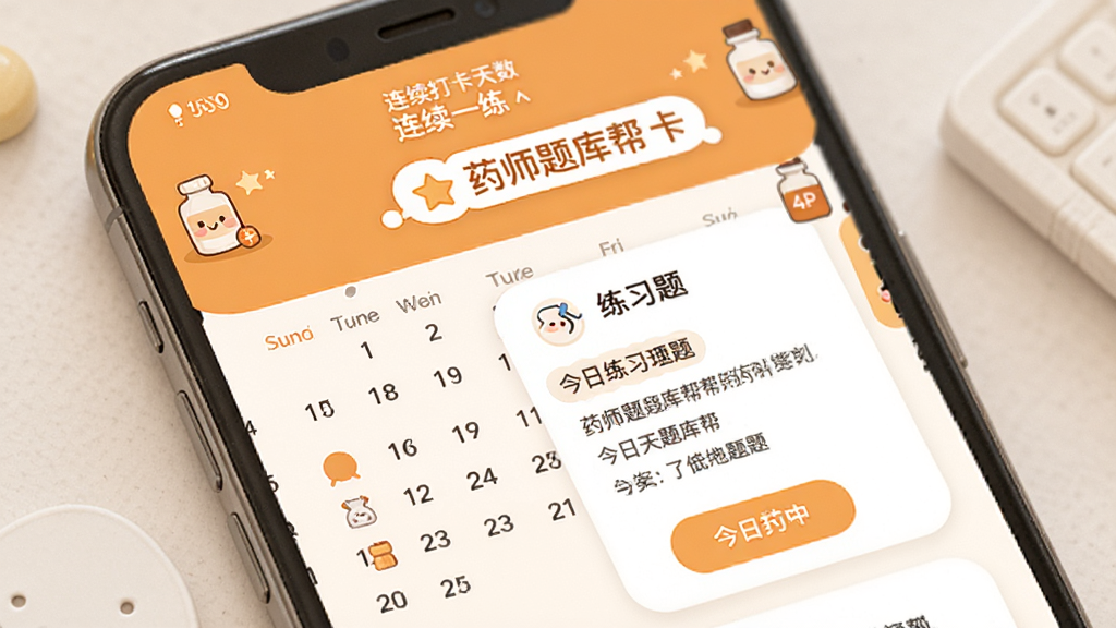 药师题库帮每日一练打卡页面,手机屏幕显示日历打卡记录与今日练习题卡片,顶部有连续打卡天数提示,背景为暖橙色与白色搭配,卡通风格小图标点缀,整体氛围轻松,画面中包含药师题库帮字样,画质干净