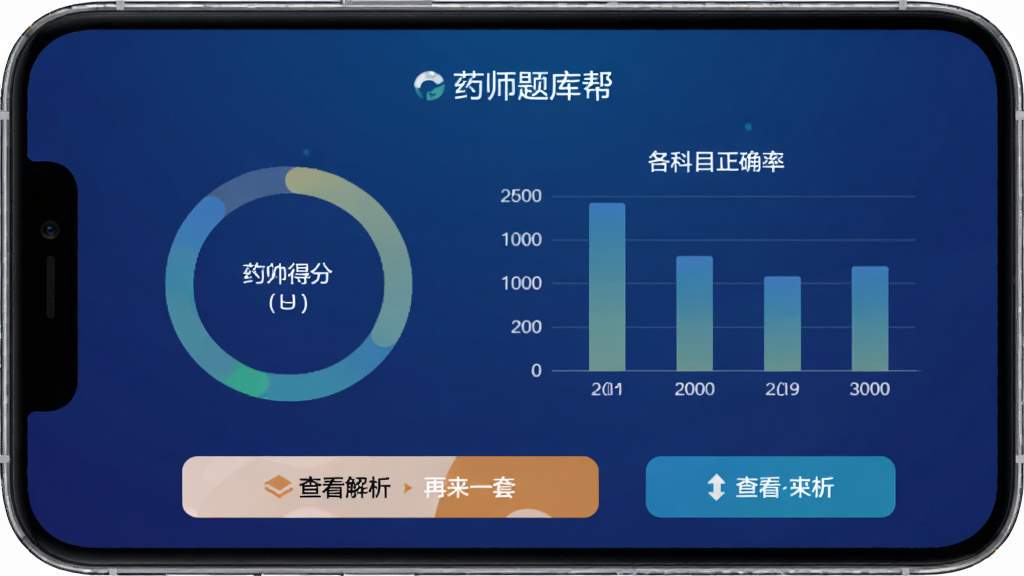 药师题库帮模拟考试结果页面,手机屏幕显示环形得分图表与各科目正确率柱状图,下方有查看解析和再来一套按钮,背景为深蓝色渐变,数据可视化风格,文字标注药师题库帮,画面整洁,无多余元素