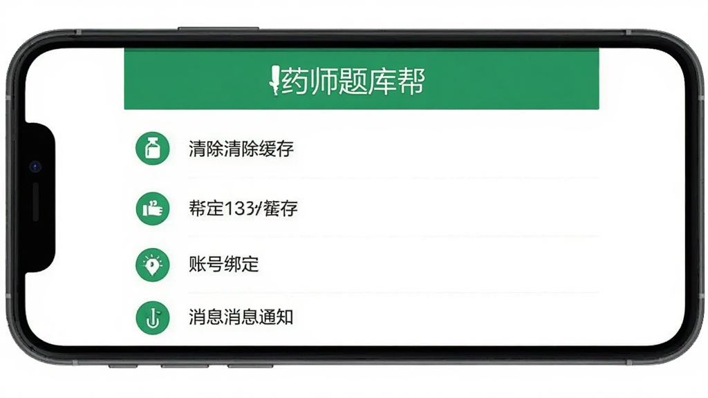药师题库帮应用设置页面,手机屏幕显示清除缓存、账号绑定、消息通知等选项列表,界面简洁,白色背景搭配绿色图标,顶部有药师题库帮标题,扁平化设计风格,画质清晰,无多余元素